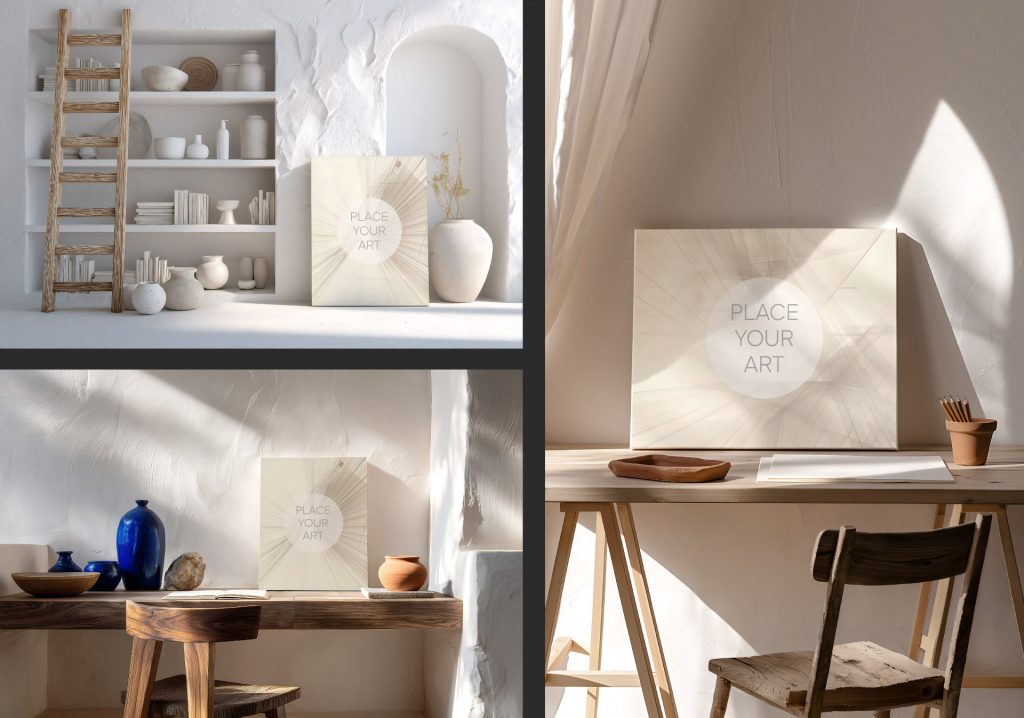 Collage of three wall art mockups featuring a vertical frame by a built-in shelf with white pottery, a horizontal frame on a desk with blue ceramics, and a large horizontal canvas on a wooden workspace.