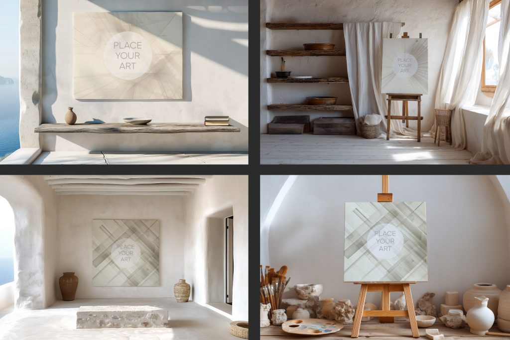 Collage of four wall art mockups showing an art studio with sea views, an easel with linen curtains, a gallery space with large pots, and a detailed close-up of a workbench with brushes and pottery on a textured lime-washed wall.