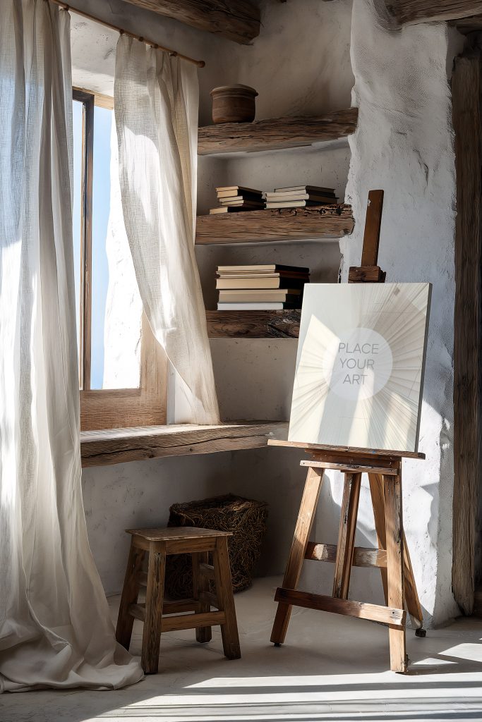 Vertical wall art mockup on a wooden easel in a rustic artist studio with lime-washed walls, wooden shelves, and natural linen curtains.
