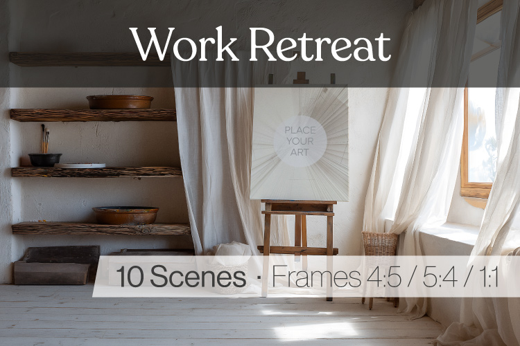 Mediterranean poster mockup in a serene studio or work retreat