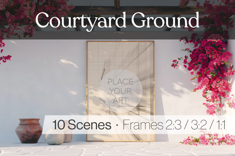 Mediterranean wall art mockup with framed artwork resting on the ground in a sunlit courtyard