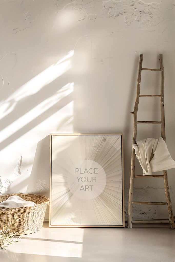 Large vertical wall art frame mockup leaning on the floor against a rustic lime-washed wall with a decorative wooden ladder and a wicker basket.