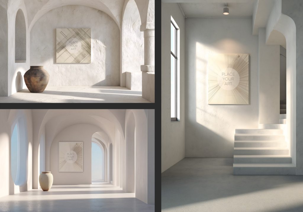 Mosaic of three wall art mockups featuring a square frame in a rustic arched room, a vertical frame in a long sunlit corridor of arches, and a large vertical frame in a bright minimalist studio with white stairs.