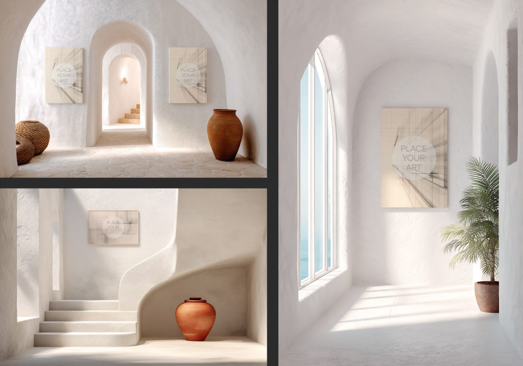 Mosaic of three wall art mockups featuring a vertical frame diptych in an arched hallway, a horizontal frame above minimalist stairs, and a vertical frame by a bright arched window with a sea view.