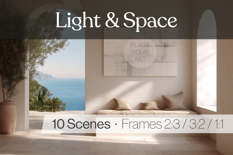 Mediterranean wall art mockup in an architectural interior filled with natural light
