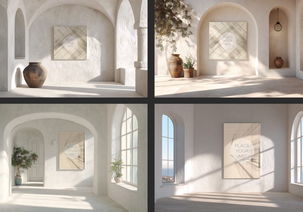 Mosaic of four wall art mockups showing a square frame in a rustic hallway, a square frame in a bright courtyard with clay pots, a vertical frame in an arched room with a sea view, and a vertical frame in a sun-drenched minimalist studio.