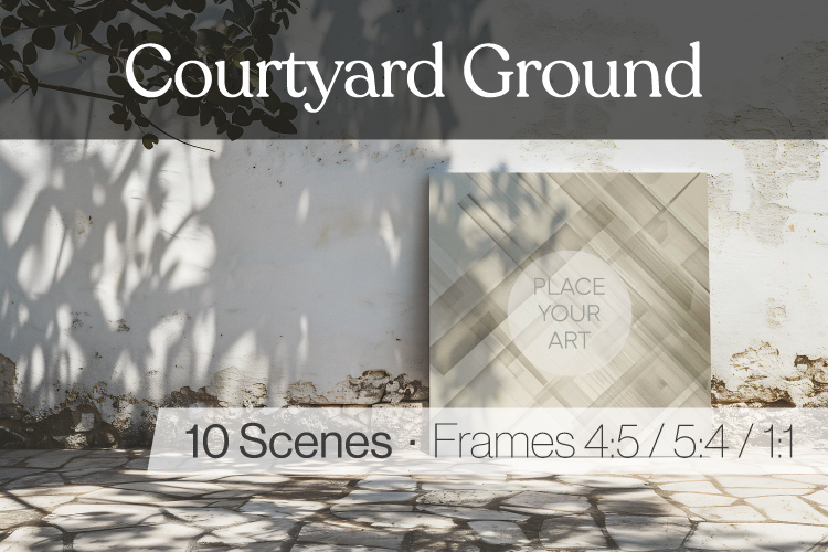 Mediterranean poster mockup placed on the ground in a bright outdoor courtyard