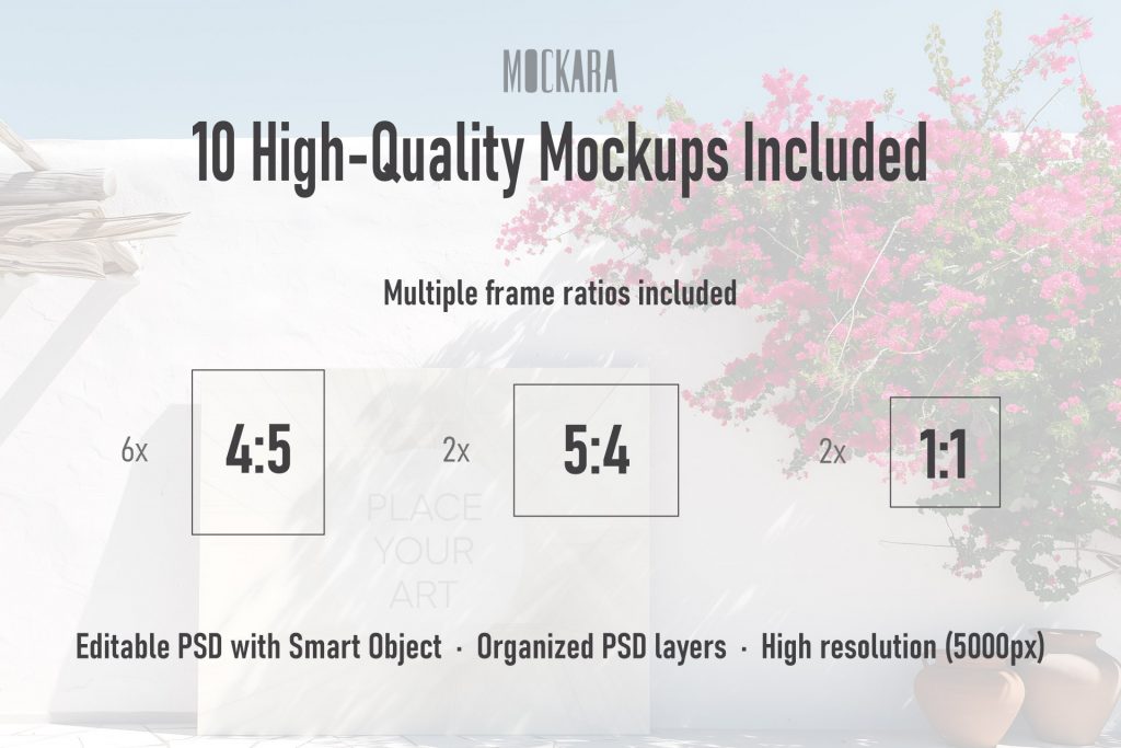 Informational infographic for the Mediterranean Whisper mockup bundle showing the included frame ratios: 6 vertical (4:5), 2 horizontal (5:4), and 2 square (1:1). The text is displayed over a soft-focus background of a white plaster patio with a terracotta vase.
