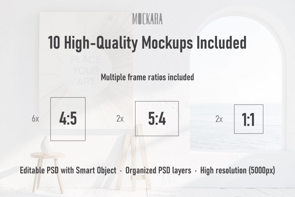 Infographic of wall art frame ratios including 4:5 vertical, 5:4 horizontal, and 1:1 square formats for the Mediterranean-style mockup collection.