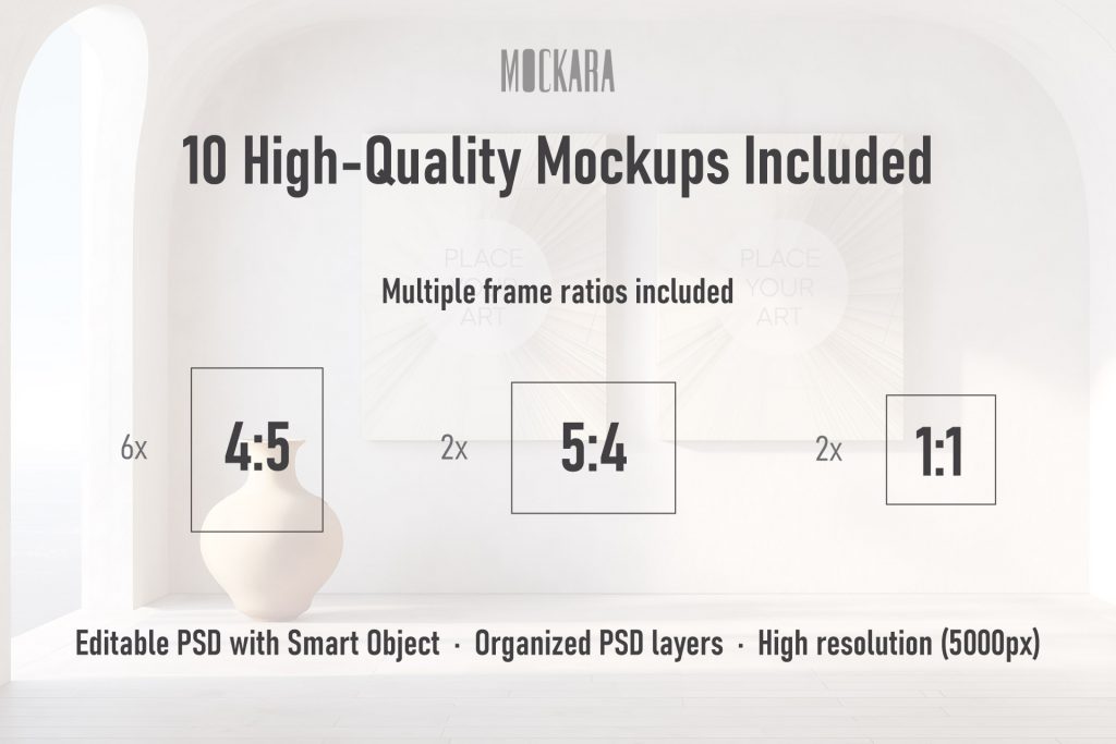 Technical specification infographic for a wall art mockup bundle showing frame ratios: 6x vertical (4:5), 2x horizontal (5:4), and 2x square (1:1) in a minimalist Mediterranean interior.