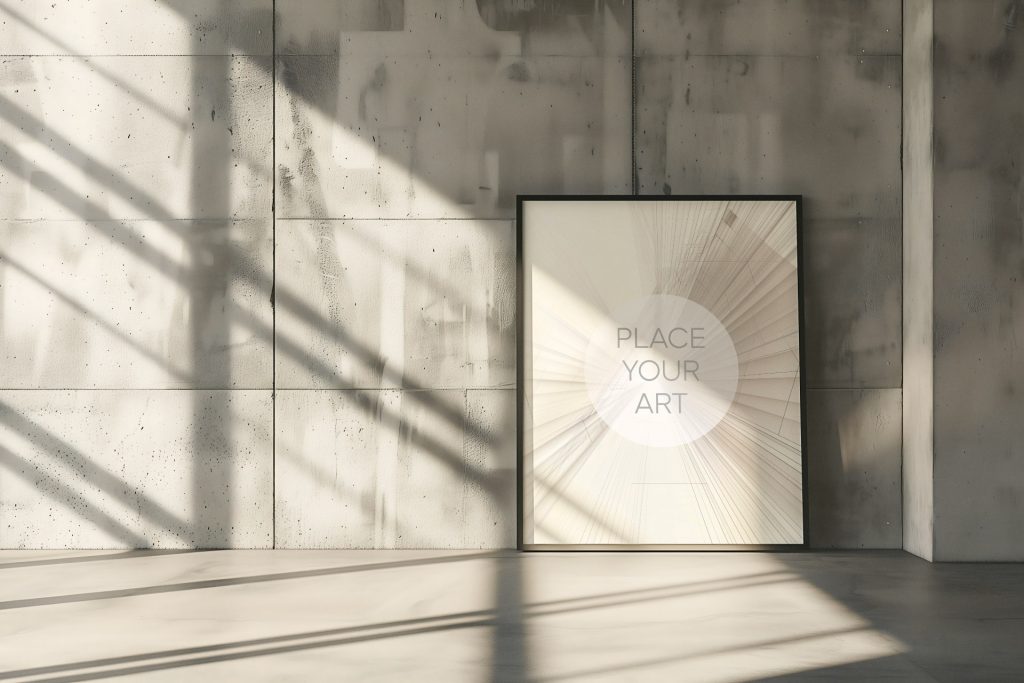 Vertical poster mockup leaning against a modern architectural concrete block wall with geometric window panel shadows on a smooth studio floor.
