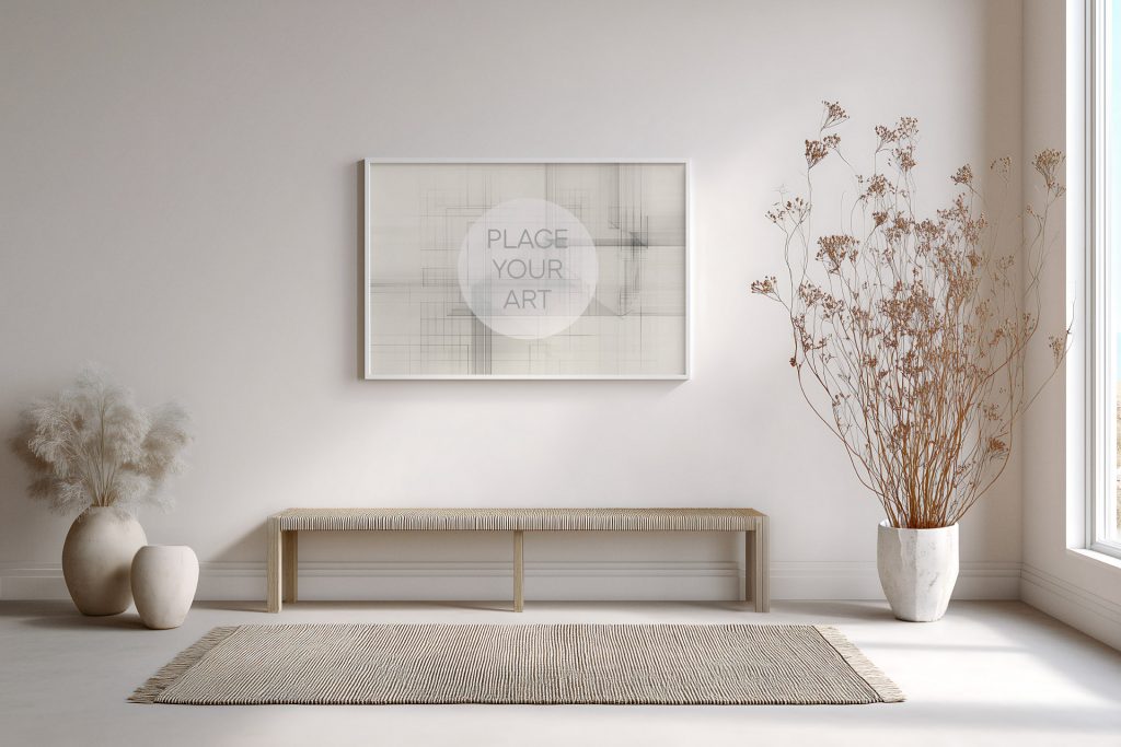 Horizontal white frame mockup hanging on a clean wall above a wooden bench, decorated with ceramic vases, pampas grass, and a textured rug.