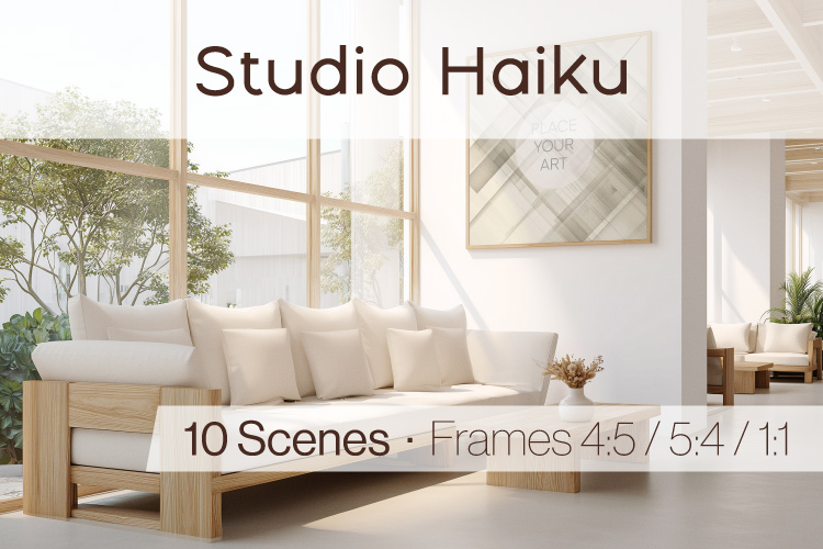 Japandi poster mockup in a quiet office or studio setting