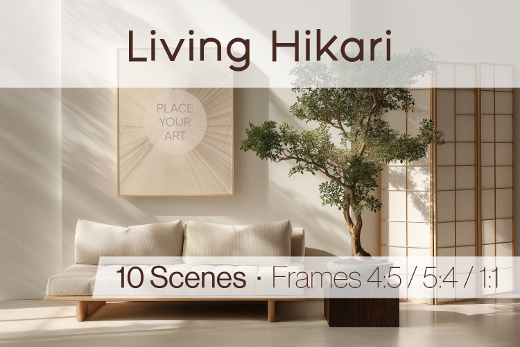 Japandi poster mockup in a softly lit home interior