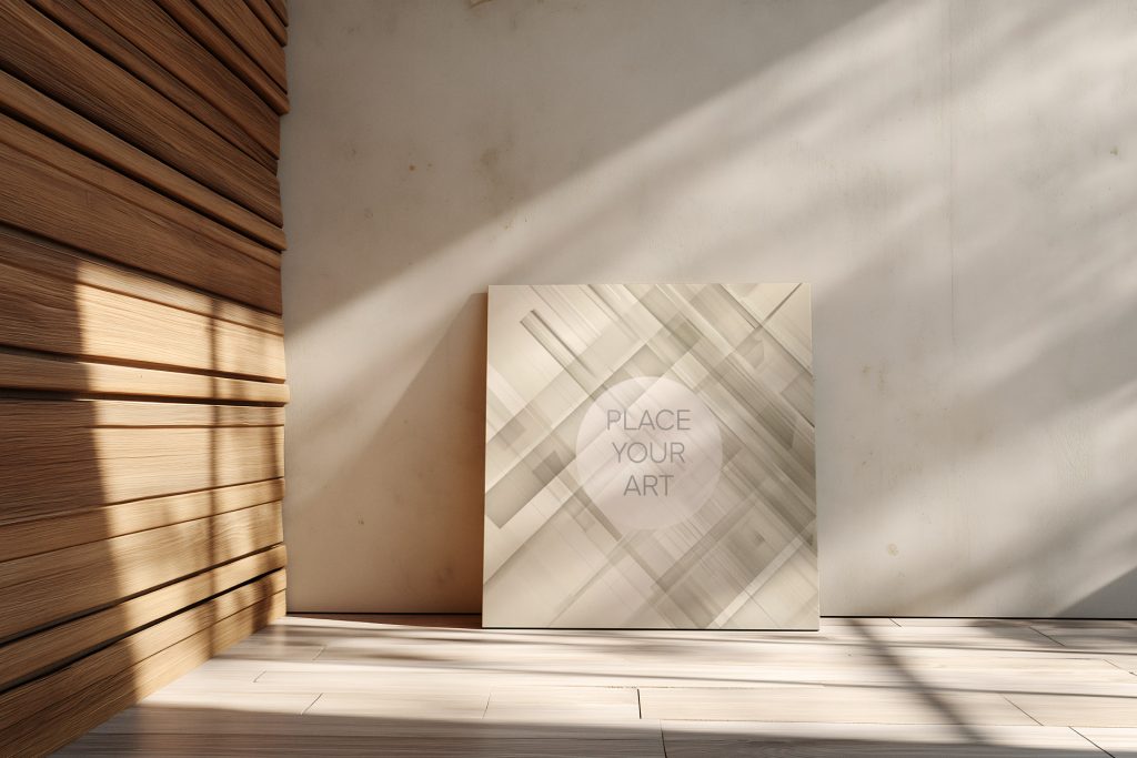 minimalist-square-canvas-mockup-japandi-plaster-wall.jpg Square canvas mockup leaning on a textured beige plaster wall next to horizontal wooden slats in a sunlit Japandi room.