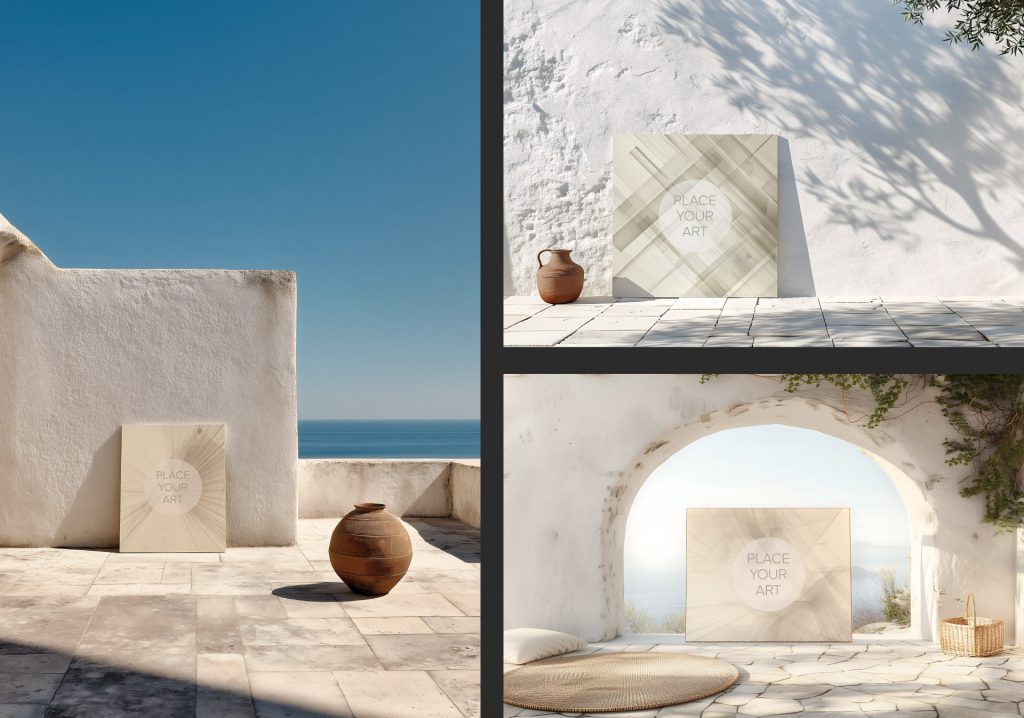 Collaged collection preview image of Mediterranean-style wall art frame mockups, showcasing three distinct scenes. The composite image features: a vertical frame on a coastal terrace with a sea view and terracotta pot (left); a square frame on a sunlit textured patio with a pot and tree shadow (top-right); and a horizontal frame viewed through a minimalist archway with a jute rug (bottom-right). All scenes feature natural daylight and rustic white plaster walls.