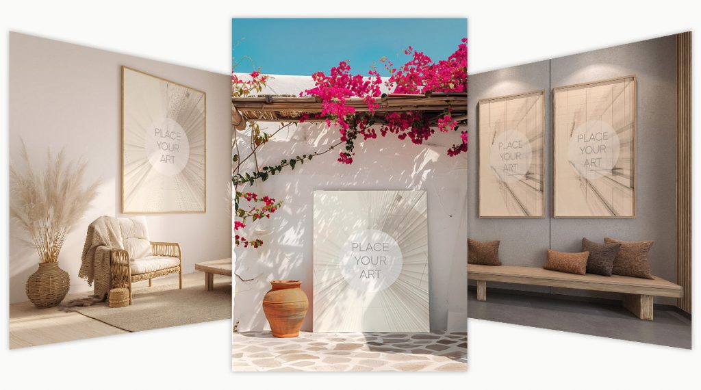 Free starter pack mockup preview showing three interior wall art scenes