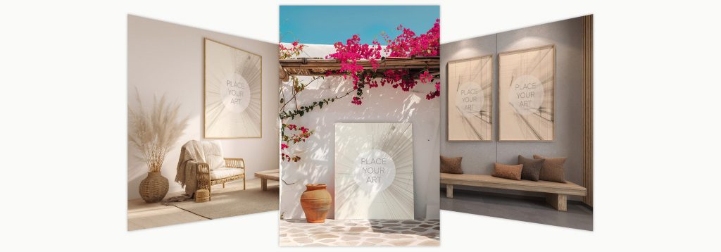 Free starter pack mockup hero image showing three curated interior wall art scenes