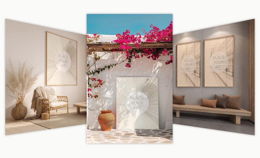 Free starter pack mockup hero image showing three curated interior wall art scenes