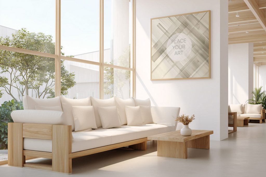 Large square wooden frame mockup on a white wall in a bright modern lounge with a minimalist wooden sofa, coffee table, and large floor-to-ceiling windows.
