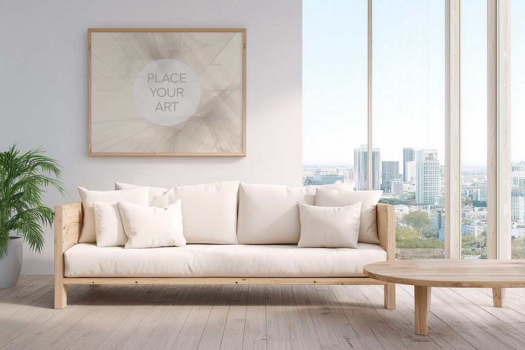 Horizontal wooden frame mockup on a white wall above a minimalist oak sofa in a bright apartment with a panoramic city skyline view.