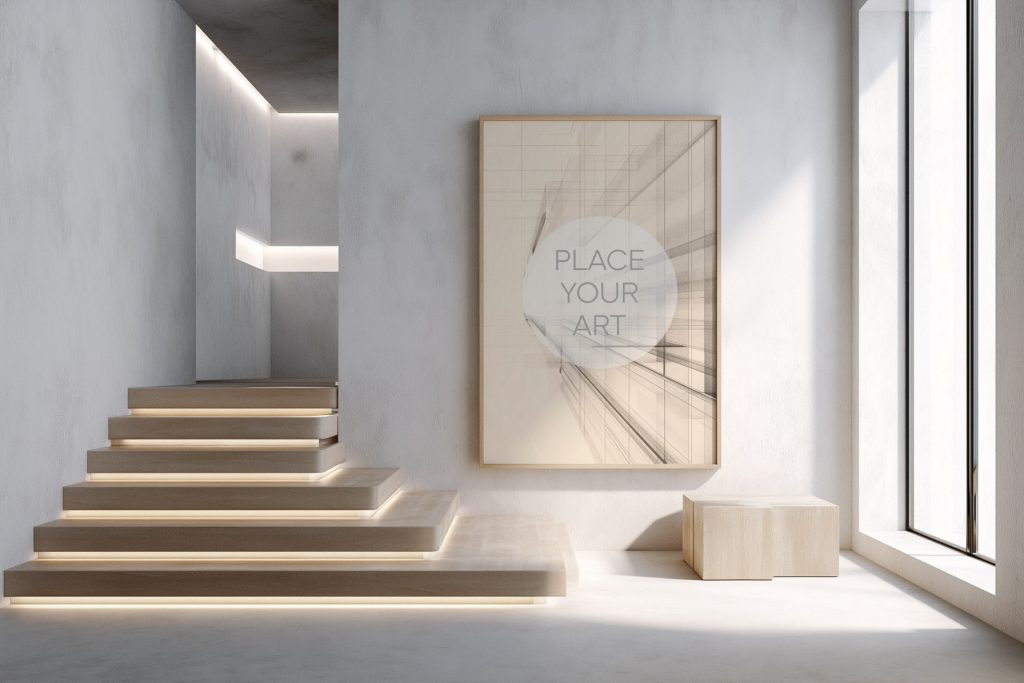 modern-japandi-staircase-mockup-vertical-oak-frame-led-lighting.jpg Vertical light wood frame mockup on a concrete wall next to a modern wooden staircase with integrated LED lighting and a large floor-to-ceiling window.