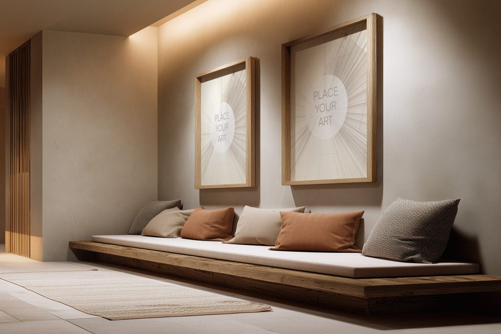 Side view of two vertical oak frame mockups on a warm grey wall above a long wooden lounge bench with minimalist pillows and indirect ceiling lighting.