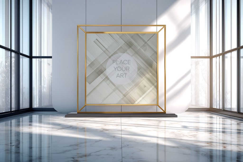 A square gold frame mockup inside a 3D golden cube structure, placed in a bright, high-end gallery with white marble floors and large windows.