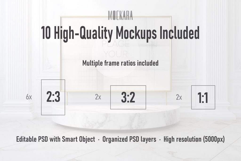 Technical specifications infographic showing 2:3 vertical, 3:2 horizontal, and 1:1 square frame ratios included in the mockup bundle.
