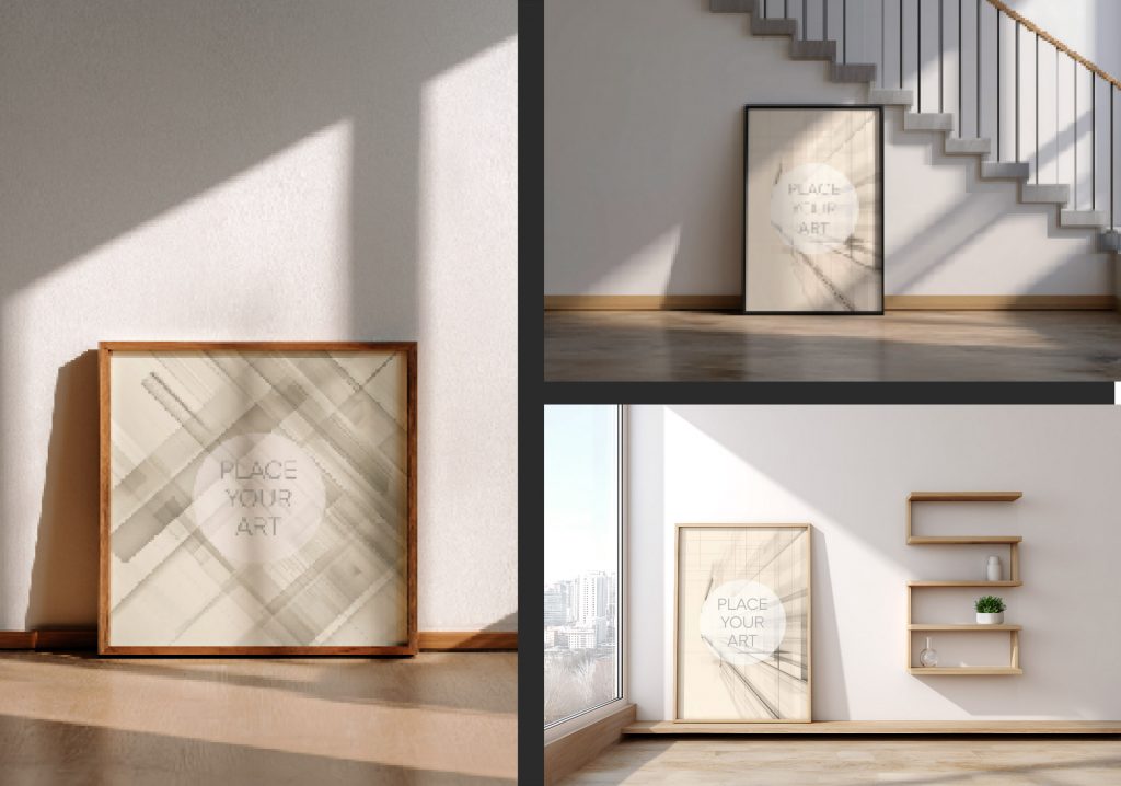 Multi-scene wall art mockup pack featuring a variety of Scandinavian interiors, including floor-leaning frames by a staircase, minimalist shelving, and sunny wooden floors.