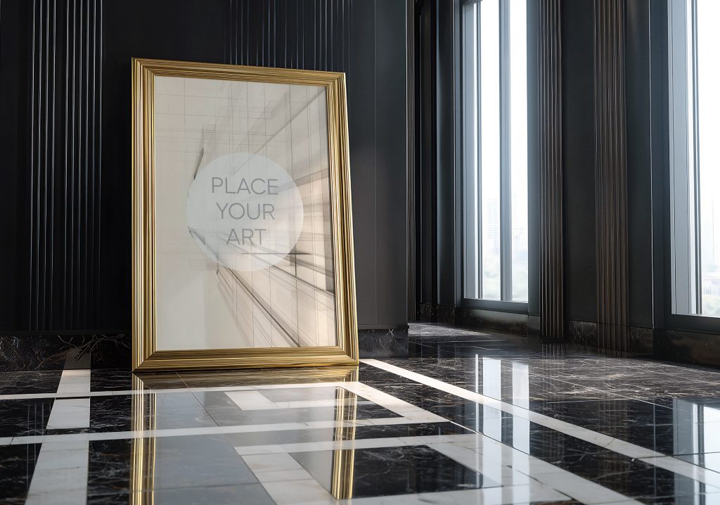 Luxury vertical gold ornate frame mockup leaning on a reflective black marble floor in a dark Art Deco room.