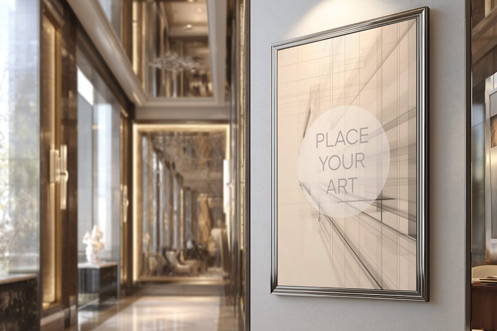 perspective-silver-frame-mockup-luxury-hotel-hallway-art-deco.jpg Perspective view of a vertical silver chrome frame mockup on a gray wall in a luxurious golden hallway with marble floors and mirrored reflections.