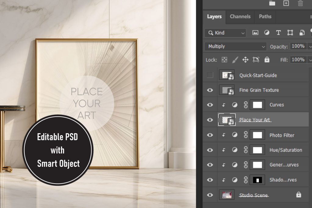 Photoshop layers panel interface showing organized smart objects, fine grain texture, and adjustment layers for a high-end Art Deco mockup.