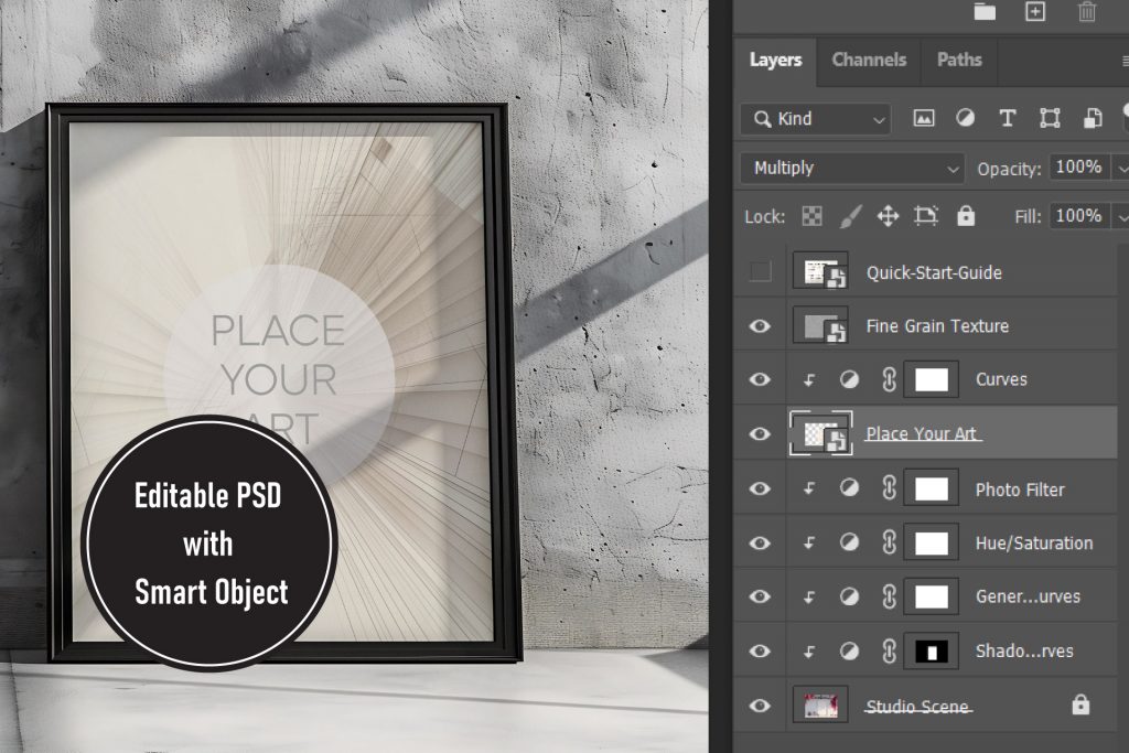 Photoshop layer hierarchy panel graphic overlay showing a customizable smart object layer and image filters over a vertical frame mockup background.