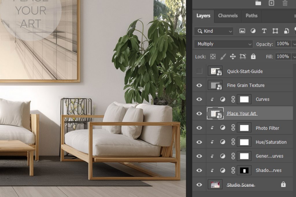 professional-psd-layer-organization-mockup-guide.jpg Screenshot of Photoshop layers panel showing organized smart objects, shadow curves, and photo filters for a Japandi interior mockup.