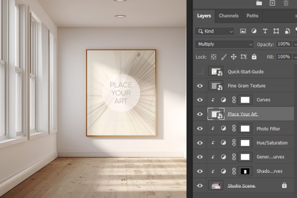 Screenshot of the Photoshop layers panel for the Japandi mockup, showing organized groups, smart object named "Place Your Art", and adjustment layers for grain and lighting.