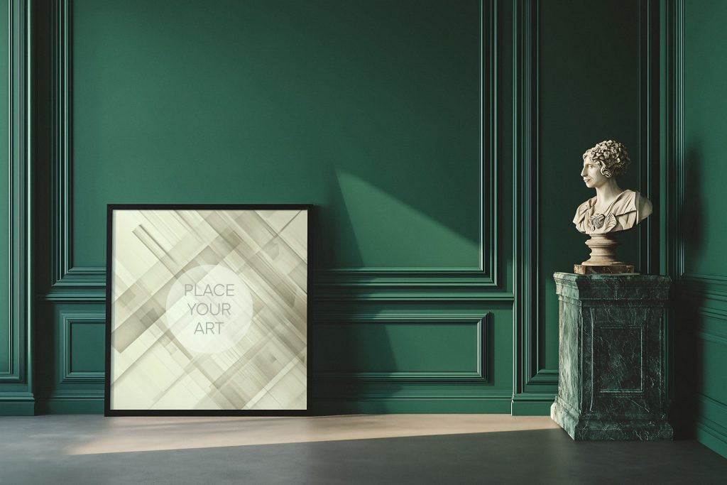 Square black frame mockup leaning against a dark green wainscoted wall next to a classical bust on a marble pedestal.