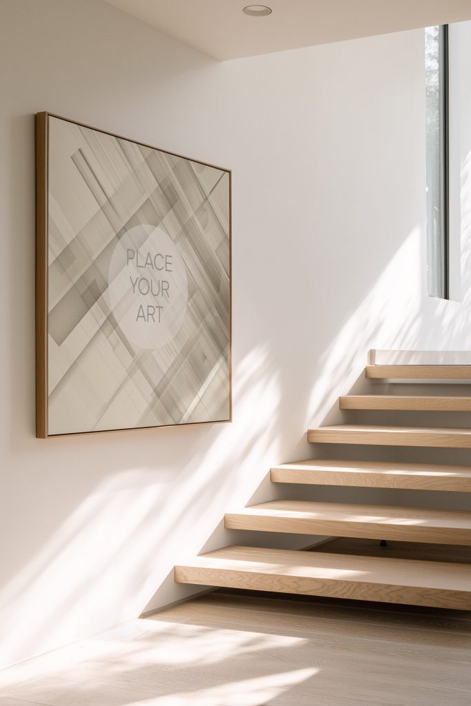 Square light wood frame mockup on a white wall next to a modern floating staircase with organic leaf shadows and natural sunlight.
