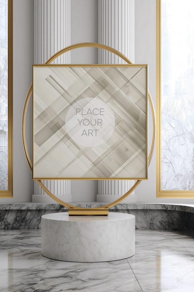 Square gold frame mockup mounted on a circular gold stand atop a white marble pedestal in a bright neoclassical gallery with fluted columns.