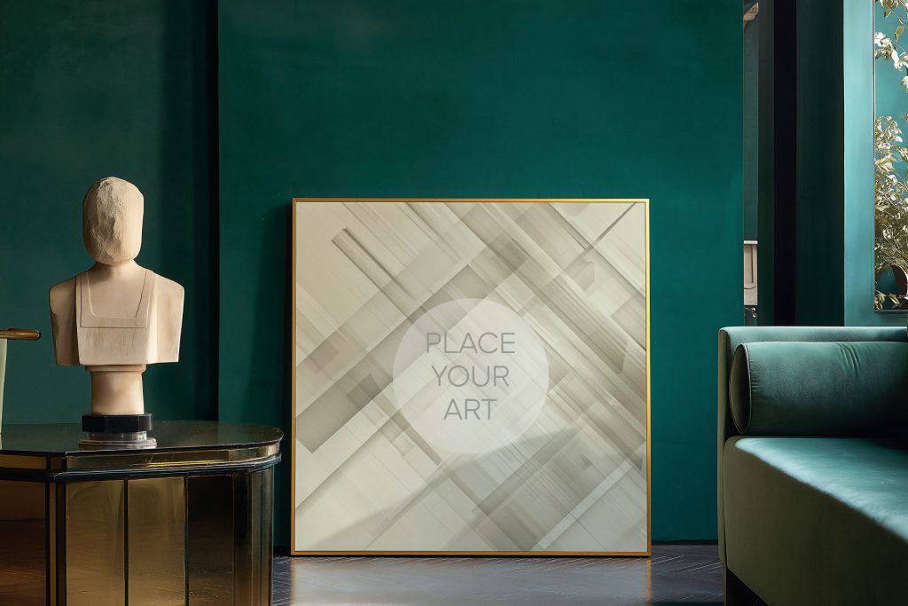 square-gold-frame-mockup-emerald-green-living-room-classical-bust.jpg Square gold frame mockup leaning on the floor against a deep teal wall next to a classical bust on a golden mirror table.