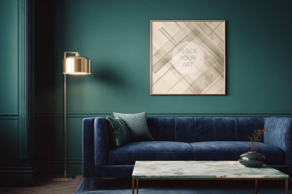 square-gold-frame-mockup-navy-velvet-sofa-emerald-wall.jpg Square gold frame mockup hanging on a dark emerald green wall above a luxury navy blue velvet sofa and a marble coffee table.