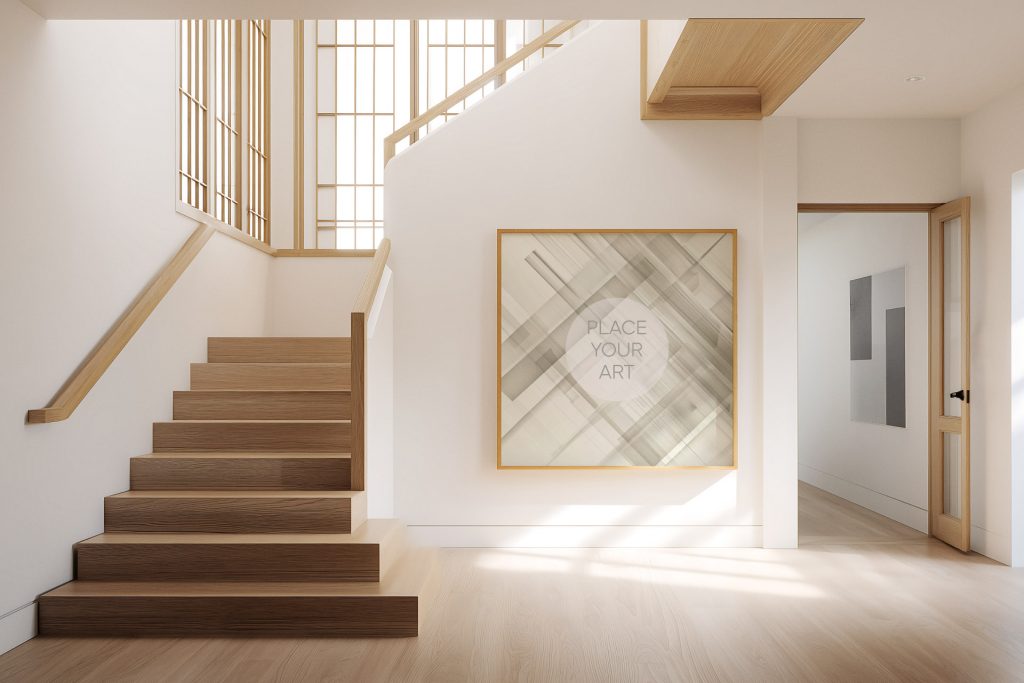 Square oak frame mockup on a white wall in a bright Japandi hallway featuring wooden stairs and minimalist architectural details.