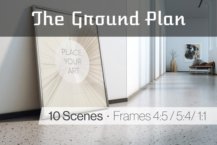 mid-century wall art mockup with framed print resting on floor in 1950s room