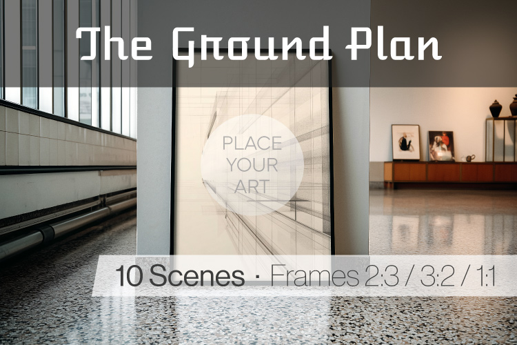 retro wall art mockup with framed poster resting on floor in 1950s interior
