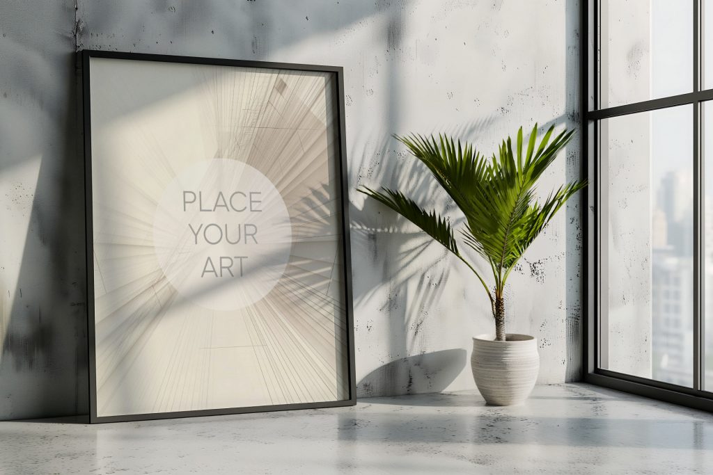 Large vertical poster mockup template leaning in an urban industrial loft corner with a potted palm plant and a large window showing a city skyline view.