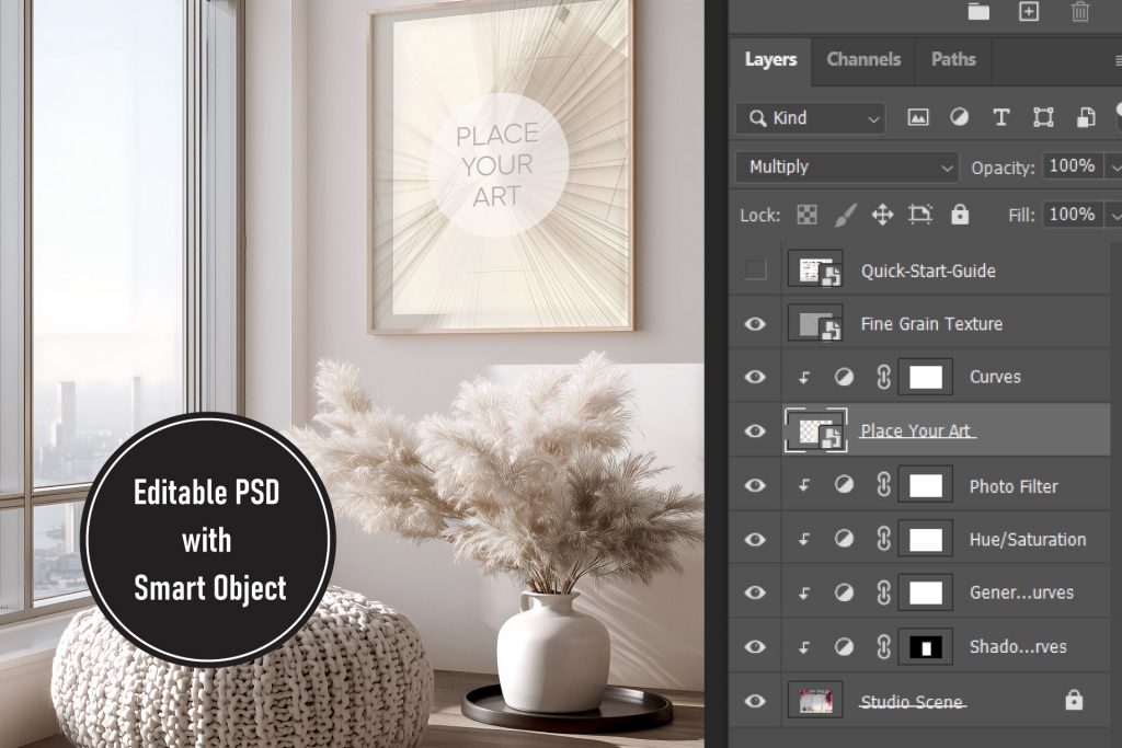 Photoshop layers panel showing the smart object feature for a vertical art frame mockup in a bright interior with pampas grass.