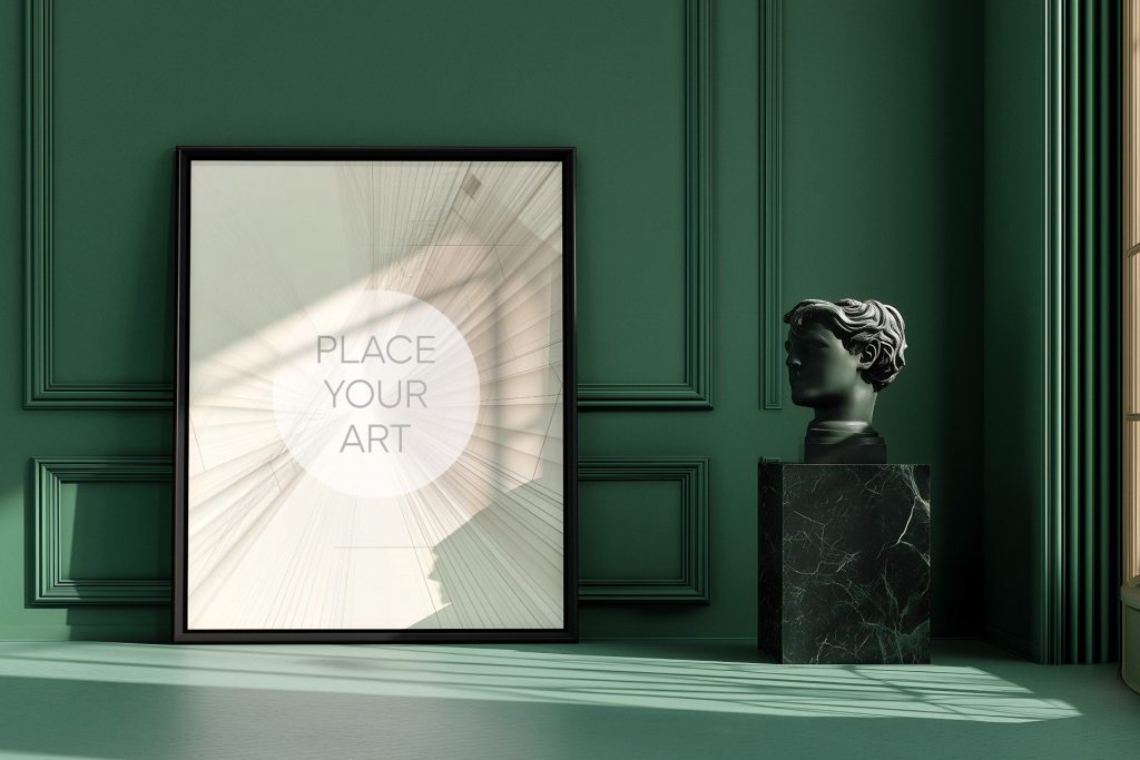 Vertical black poster mockup leaning against a sage green wainscoted wall next to a black classical bust on a dark marble plinth.