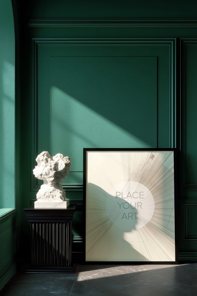 Vertical black poster mockup leaning against a dark emerald green wainscoted wall next to a white classical bust on a black fluted pedestal.