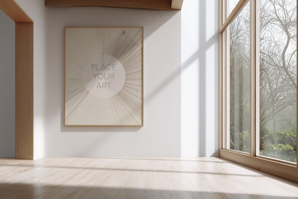 Vertical light wood frame mockup on a white wall in a minimalist Japandi room with dynamic window shadows and an outdoor garden view.