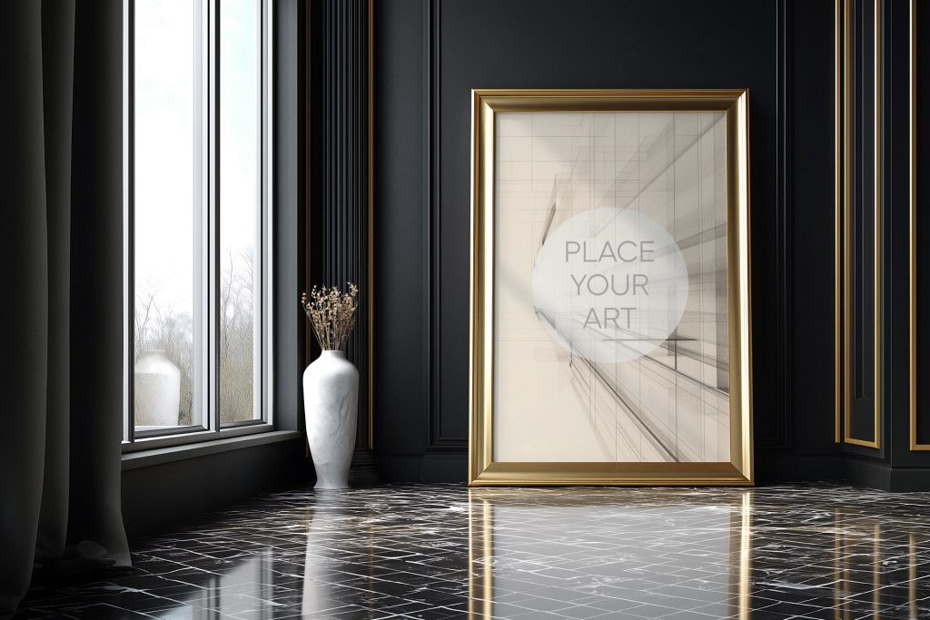 Luxury gold frame mockup leaning on a polished black marble floor next to a large window in a dark Art Deco room.